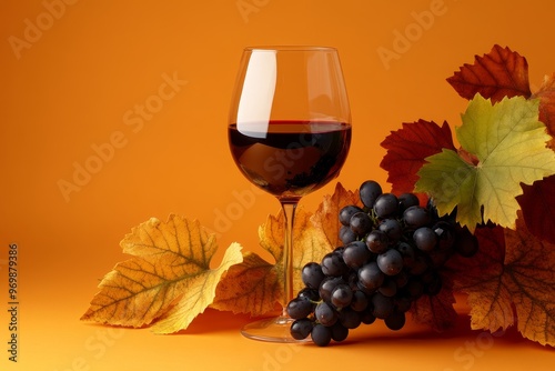 A glass of red wine rests on a vibrant orange background, surrounded by a cluster of ripe grapes and autumn leaves, symbolizing the harvest season, the beauty of nature, and the enjoyment of fine wine photo