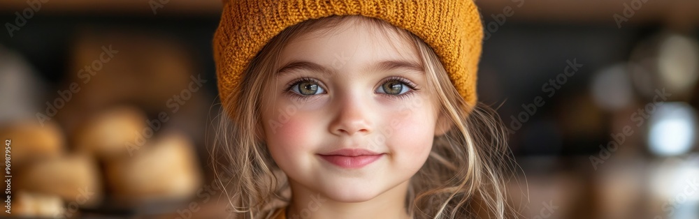 Young girl wearing a bright orange beanie smiles warmly in a cozy cafe setting during the day Young girl wearing a bright orange beanie smiles warmly in a cozy cafe setting during the day