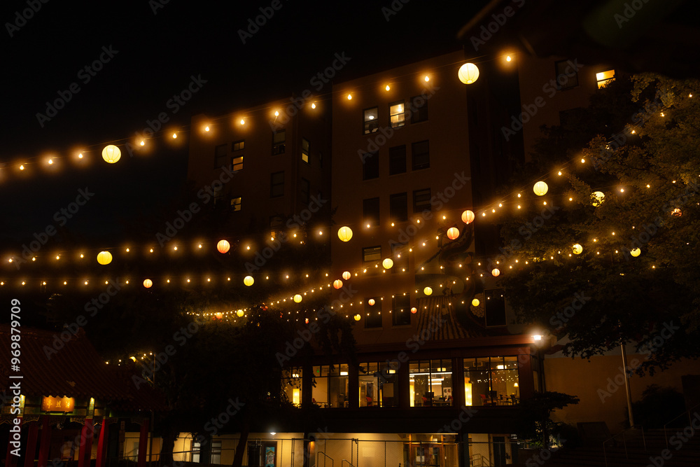 night view of the city with string lights, lanterns night view of the city with string lights, lanterns