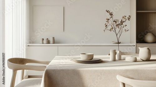 Wallpaper Mural Minimalist beige tablecloth with a simple, weathered texture, styled with elegant dinnerware in a modern, monochromatic dining space Torontodigital.ca