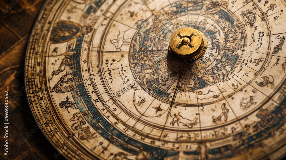 Fototapeta premium Depict a detailed astrological chart or wheel featuring all twelve zodiac signs. Show how the signs are positioned within the chart and how they relate to one another