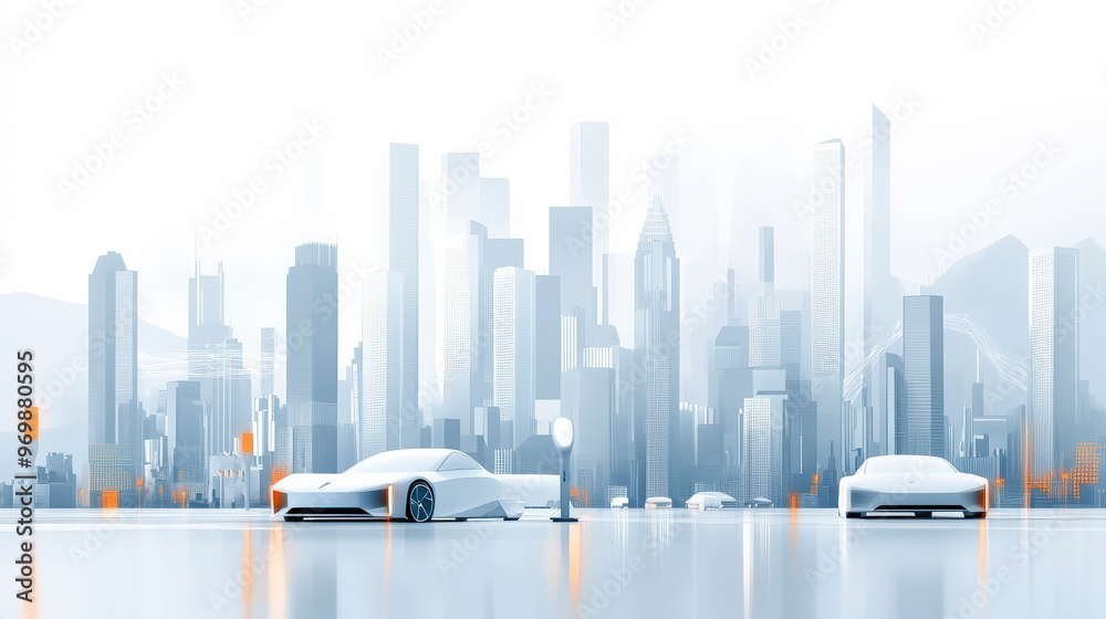 Obraz premium Futuristic cityscape with sleek white autonomous vehicles driving on mirrored roads against a backdrop of modern high-rise buildings and hazy mountains.