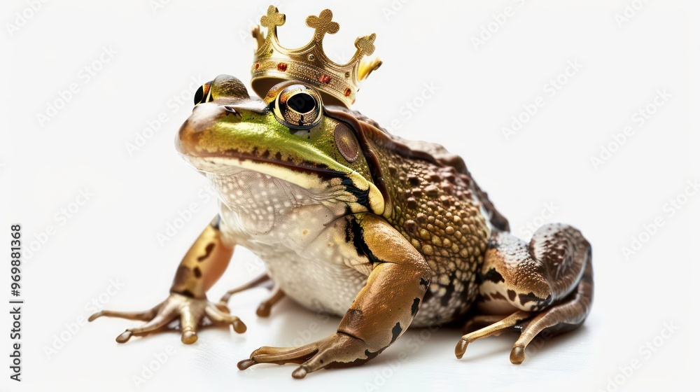 Fototapeta premium A green frog wearing a golden crown, sitting on a white background.