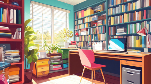 Depict a perfectly organized workspace or personal area, showcasing Virgoâ€™s affinity for structure and order. Include elements like neatly arranged books, color-coded files, or an immaculate desk