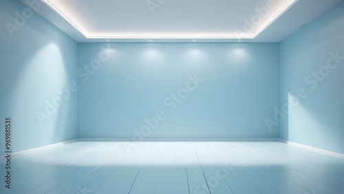 Light blue empty wall and smooth floor with interesting light glare. Background for the presentation.