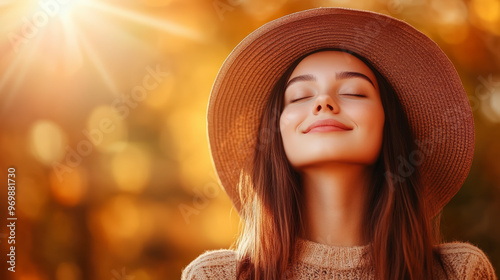 A woman enjoys the sunlight with a serene smile, wearing a hat and sweater, amidst a beautifully blurred, warm autumn background.