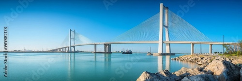 A panoramic view of the Harbor Bridge in Corpus Christi, Texas, showcasing its elegant arch design and the calm waters of the bay. The bridge represents connectivity, progress, and the beauty of coast