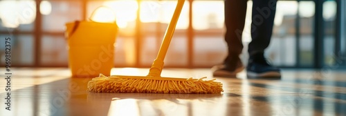 A person is mopping a shiny floor using a yellow mop. The floor is clean and reflects the sunlight coming through the window. The image symbolizes cleanliness, hard work, and a fresh start. photo