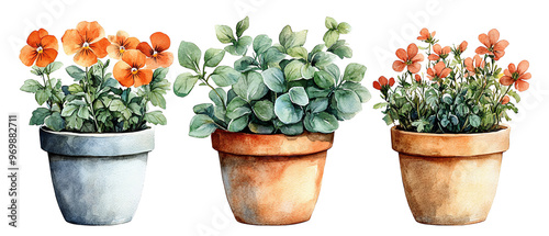 Beautiful watercolor plants in terracotta pots for home decor, adding freshness and color to any indoor or outdoor space.