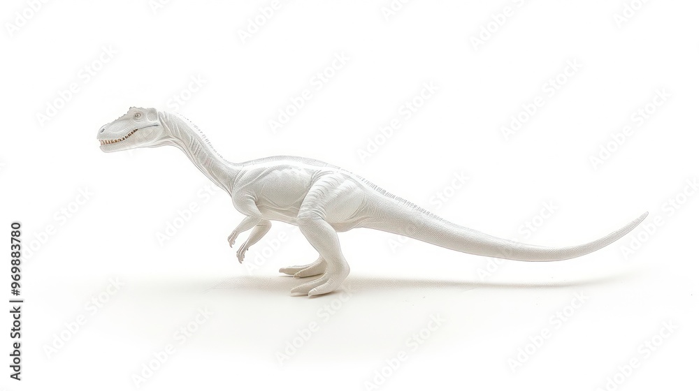 Obraz premium A white dinosaur figurine with sharp teeth stands on a white background with its head turned to the side.