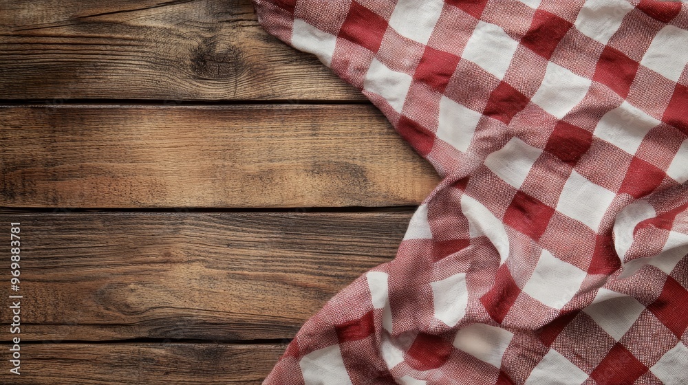 A red and white checkered tablecloth draped over a rustic wooden table, creating a welcoming and inviting scene. This image evokes feelings of home, warmth, and simplicity, perfect for showcasing food A red and white checkered tablecloth draped over a rustic wooden table, creating a welcoming and inviting scene. This image evokes feelings of home, warmth, and simplicity, perfect for showcasing food
