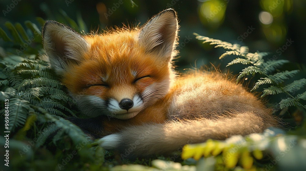 Obraz premium A close-up of a small fox lying in a field of grass with its eyes closed