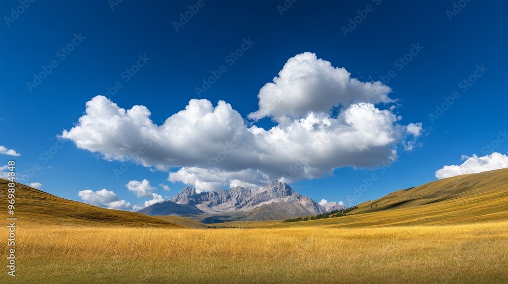 Fototapeta premium A serene landscape showcasing a majestic mountain range, partially obscured by fluffy white clouds, against a backdrop of a vibrant blue sky. The golden field in the foreground adds a touch of warmth 