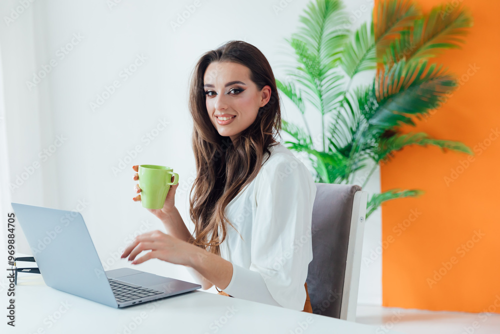 Business woman working on laptop online in office and smiling Business woman working on laptop online in office and smiling