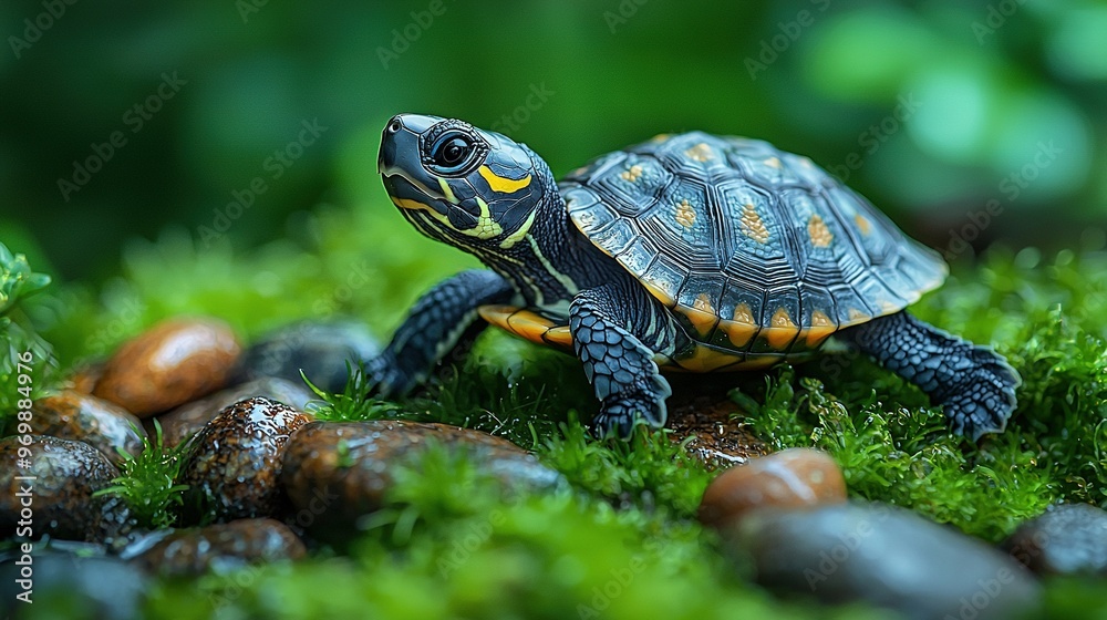 Turtle on bed of grass and rocks, close up with foreground rocks and trees in background Turtle on bed of grass and rocks, close up with foreground rocks and trees in background
