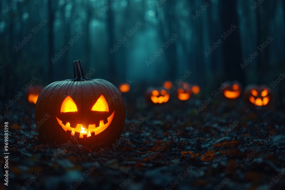 A single jack-o'-lantern with a cheerful grin glows brightly in the foreground, while others are scattered throughout the dark and misty woods, creating a mysterious and festive Halloween atmosphere. 