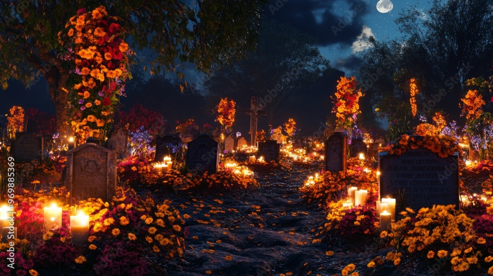 Fototapeta premium Illuminated Cemetery with Marigolds and Candles for Day of the Dead