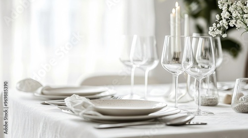 White linen tablecloth with a few small, worn spots, placed on a minimalist dining table with modern cutlery and glassware in a chic dining room