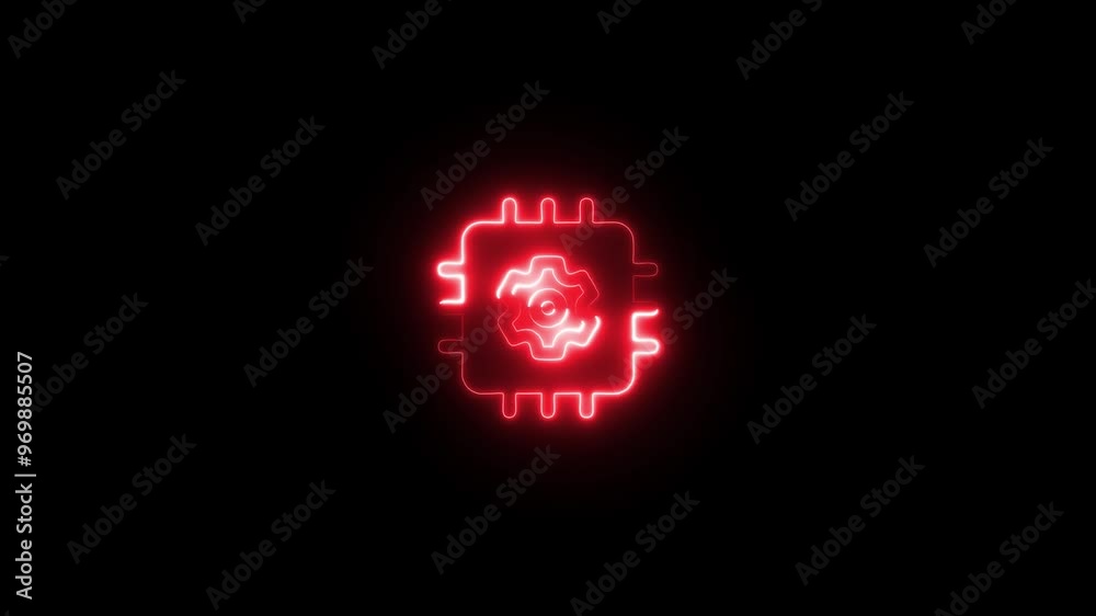 Glowing neon CPU icon animation. Neon processor icon .Glowing neon line Computer processor with microcircuits CPU icon isolated on black background.