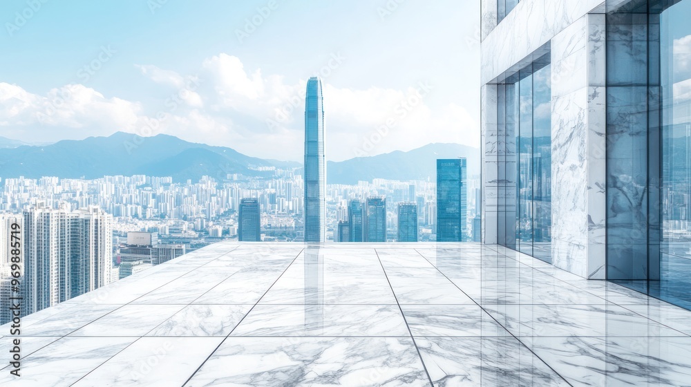 Fototapeta premium Marble Terrace overlooking a modern city skyline with mountains in the distance