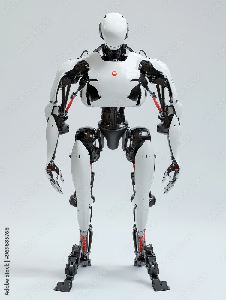 A sleek, futuristic robot with a white exterior and black accents. It stands upright, displaying a sense of anticipation or readiness. The design suggests advanced technology, artificial intelligence,