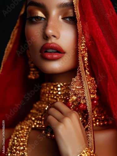 A stunning portrait of an elegant Indian woman wearing traditional gold jewelry, symbolizing beauty, culture, heritage, grace, and tradition.