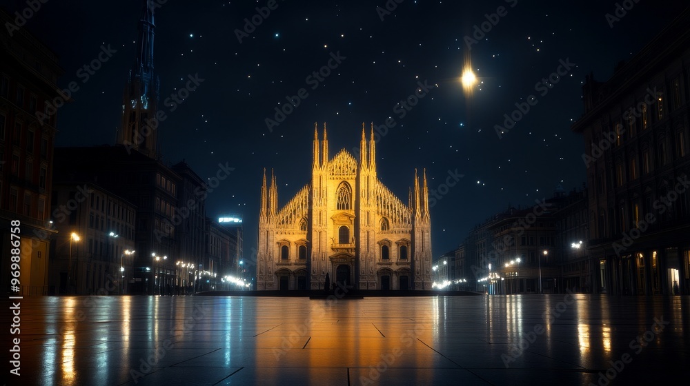Fototapeta premium A stunning nighttime view of the Duomo di Milano, Milan Cathedral, illuminated against a starry sky. The cathedral's intricate architecture and towering spires are highlighted by the warm glow of the