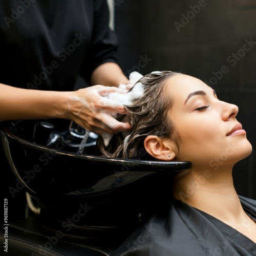 Hairdresser washing woman's hair in hairdresser salon