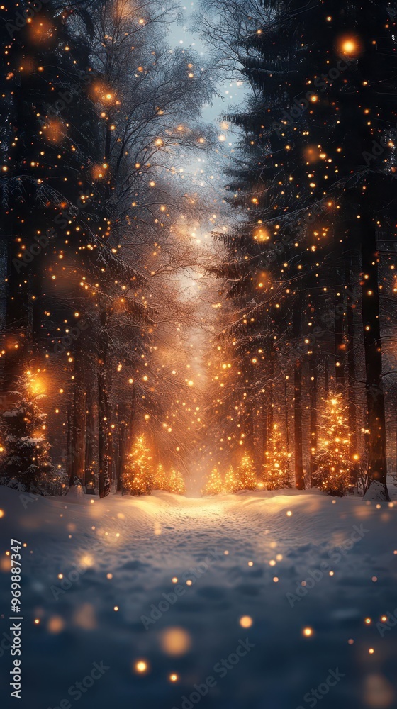 enchanted winter forest with illuminated christmas trees soft snowfall and twinkling lights creating magical atmosphere enchanted winter forest with illuminated christmas trees soft snowfall and twinkling lights creating magical atmosphere