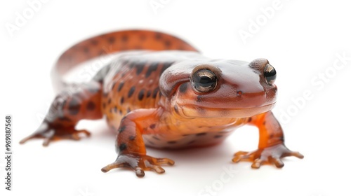 Closeup of a small, brown and black spotted salamander with a curious expression, isolated on a white background.