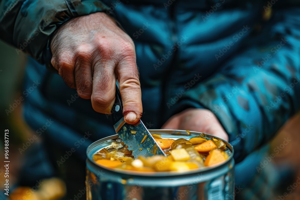 Obraz premium Close-up of a traveler using a knife to open canned food, highlighting outdoor adventure.
