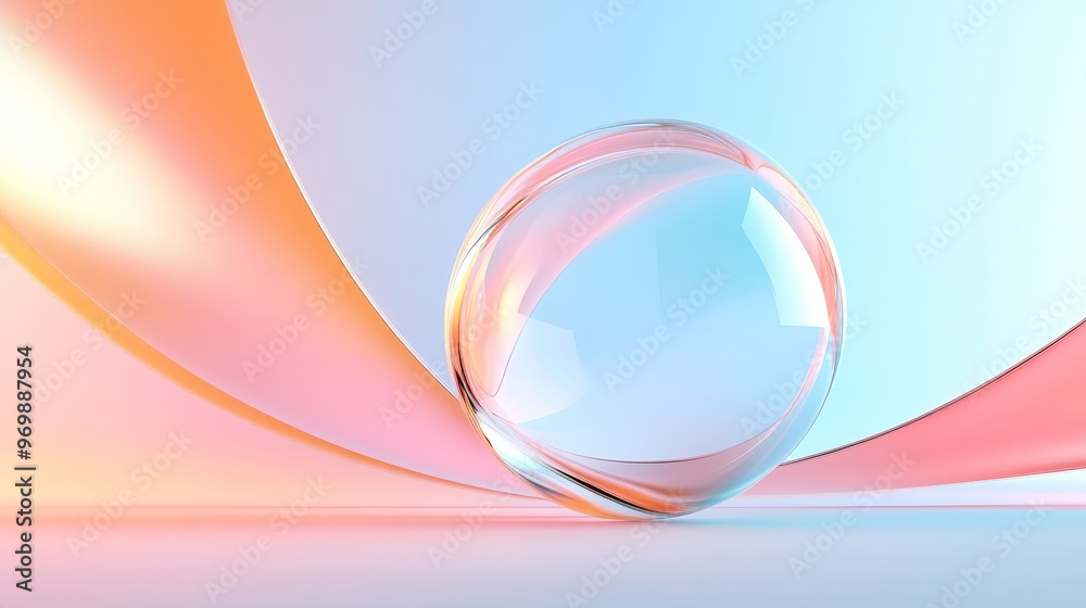 A vibrant 3D of a glass sphere resting on a curved, abstract background of pastel pink and blue colors. It symbolizes purity, transparency, and the interplay of light and form. A vibrant 3D of a glass sphere resting on a curved, abstract background of pastel pink and blue colors. It symbolizes purity, transparency, and the interplay of light and form.