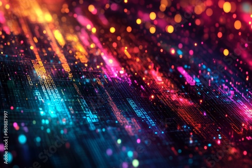 A vibrant abstract background featuring a network of glowing lines and dots in shades of red, orange, blue, and pink, symbolizing data flow, innovation, connectivity, and the future of technology.