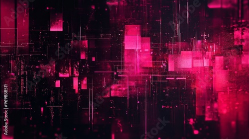 A vibrant digital art abstract background featuring a dark, glitchy texture with vibrant neon pink accents. It symbolizes digital disruption, technological innovation, the future of technology, and th photo