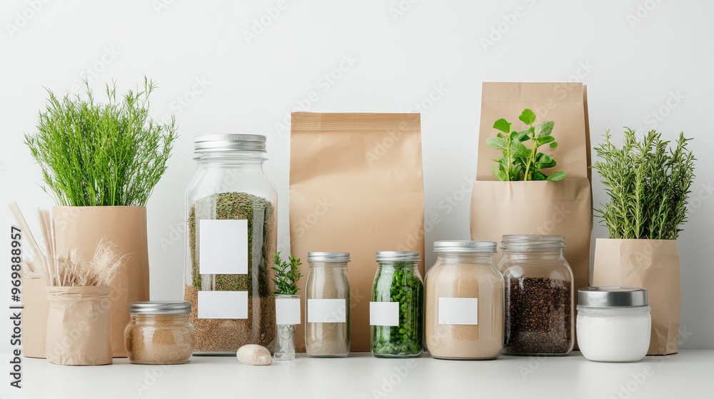 A variety of herbs and spices in jars and paper bags are neatly arranged on a white counter with potted plants in the background. A variety of herbs and spices in jars and paper bags are neatly arranged on a white counter with potted plants in the background.