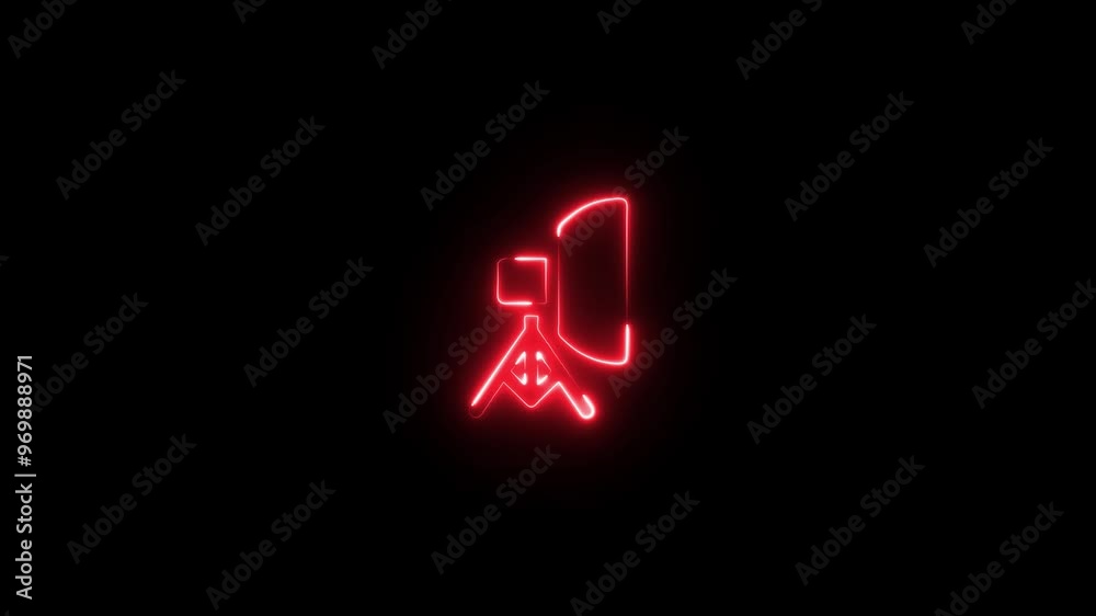 Neon glowing line video camera icon concept on black background.