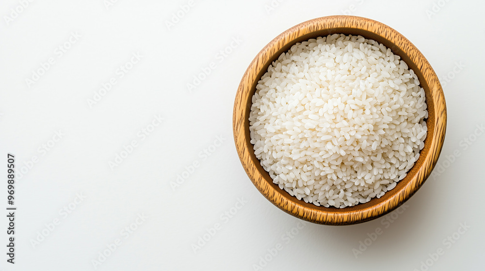 rice grain in wooden bowl, top view, flat lay isolated on white background rice grain in wooden bowl, top view, flat lay isolated on white background