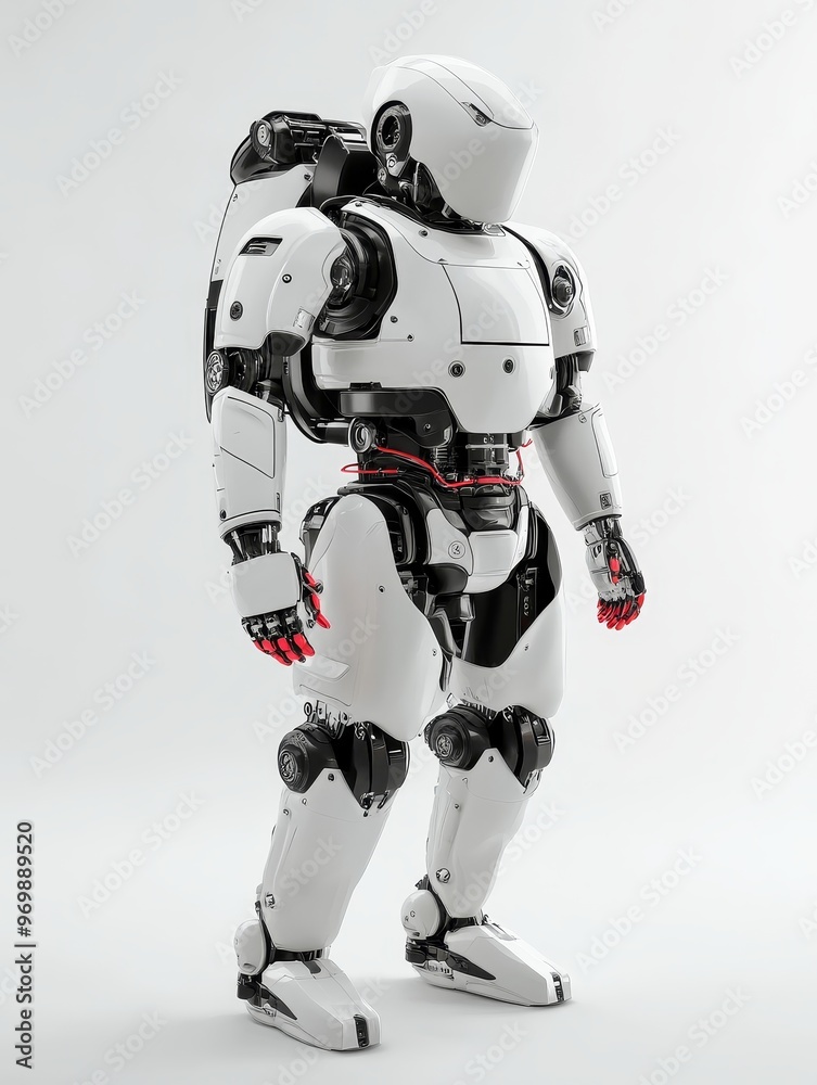 A white humanoid robot with red accents stands against a white background, showcasing its advanced design and intricate details. The robot represents technological advancement, artificial intelligenc A white humanoid robot with red accents stands against a white background, showcasing its advanced design and intricate details. The robot represents technological advancement, artificial intelligenc