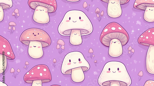 Adorable magical mushrooms showcasing cute kawaii character designs in a lively cartoon vector illustration, created as a seamless pattern. for whimsical textiles and enchanting children’s decor