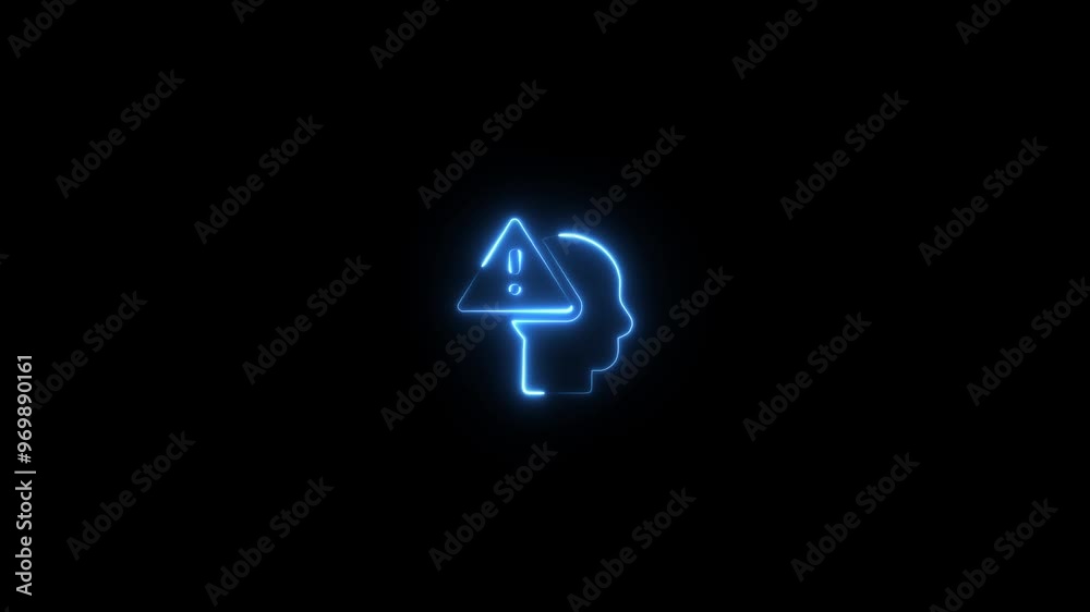 Neon color light glowing warning attention on the head animation icon exclamation mark animated signal danger on black background.
