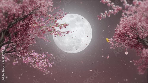 Cherry blossoms and full moon, moonlight, Japanese night scene, night sky, loop background