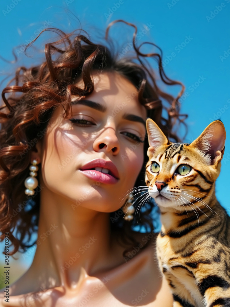 Portrait of a woman with a cat against the background of the sky. Portrait of a woman with a cat against the background of the sky.