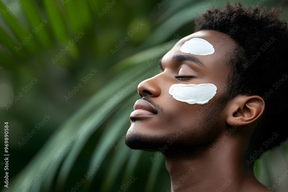 African american man with mud mask or moisturizing cream on white background. Skincare and spa treatment concept. Beauty and wellness. Natural cosmetic products. Closeup portrait with copy space African american man with mud mask or moisturizing cream on white background. Skincare and spa treatment concept. Beauty and wellness. Natural cosmetic products. Closeup portrait with copy space