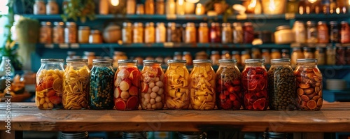 Rustic wooden shelves displaying various colorful jars of preserved and pickled foods.