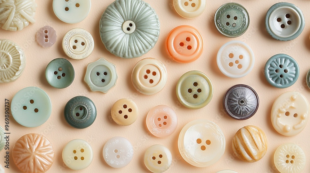 Obraz premium A close-up of a group of buttons on a pink background, with one button angled towards the camera and the other facing away