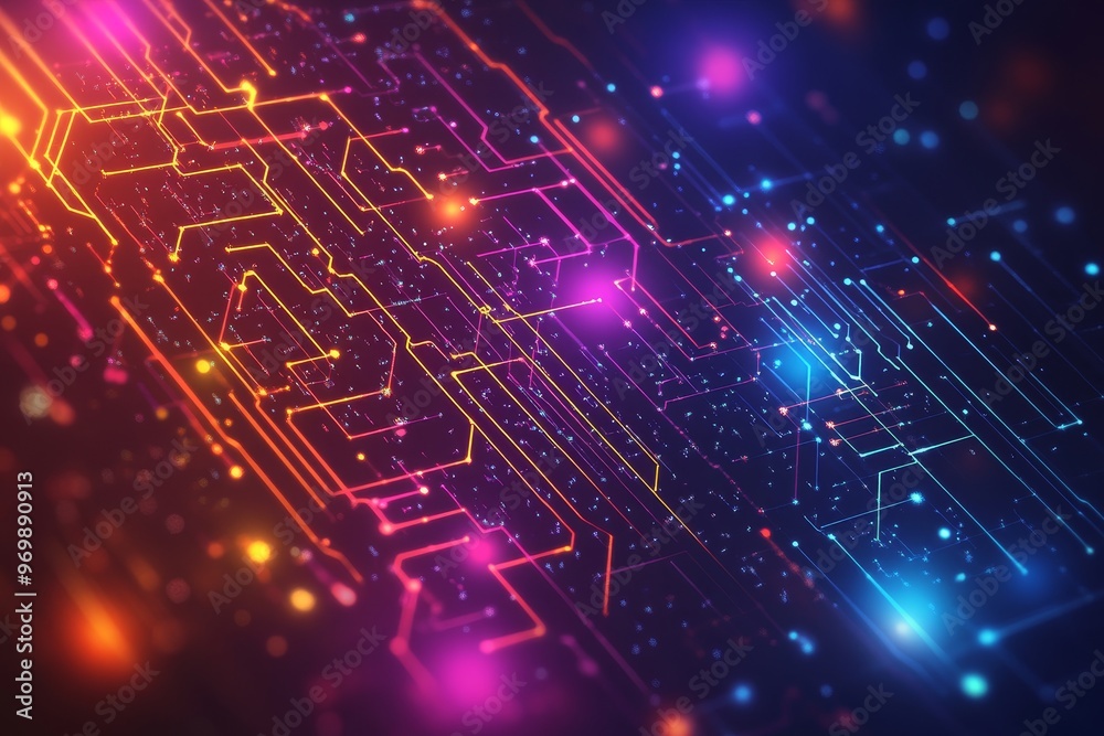 An abstract representation of a circuit board with glowing lines and dots in vibrant colors, symbolizing connectivity, technology, innovation, data flow, and the digital world. An abstract representation of a circuit board with glowing lines and dots in vibrant colors, symbolizing connectivity, technology, innovation, data flow, and the digital world.