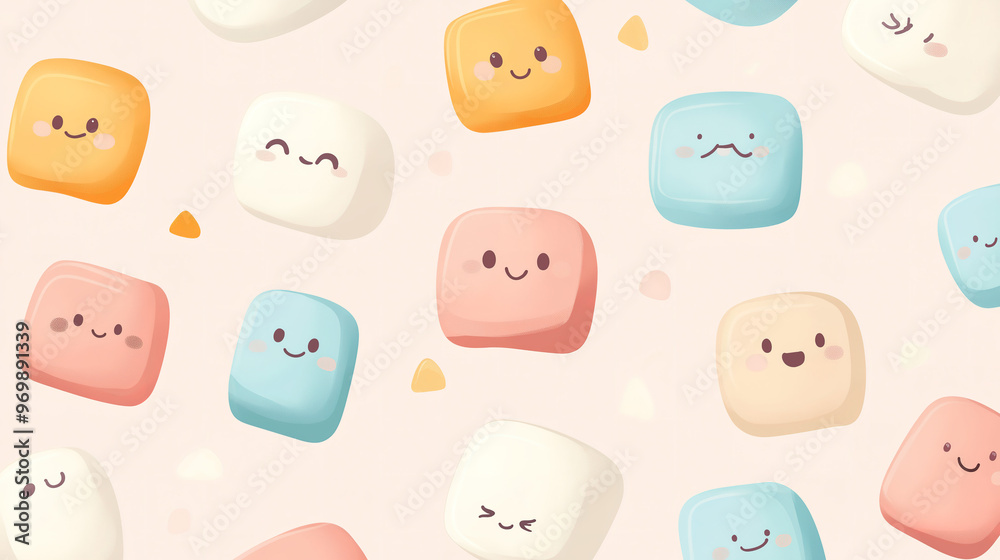 Obraz premium Playful marshmallows showcasing adorable kawaii character designs in a vibrant cartoon vector illustration, crafted into a seamless pattern. Ideal for whimsical textiles and sweet-themed products