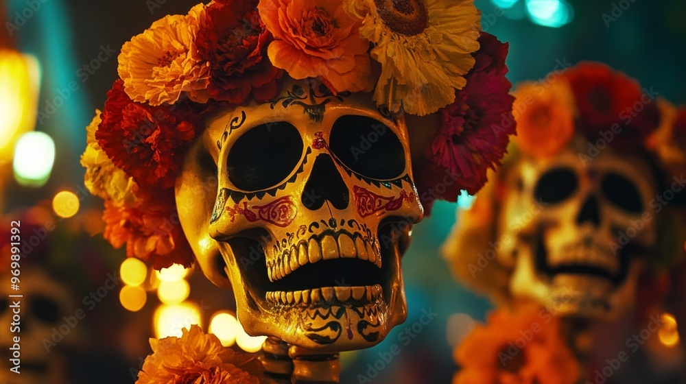 Decorated Skull with Floral Wreath and Bokeh Background Decorated Skull with Floral Wreath and Bokeh Background