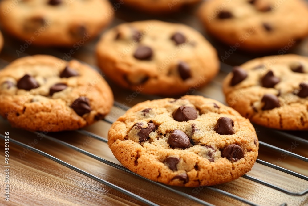 Close-up of freshly baked chocolate chip cookies on a cooling rack, showcasing their golden brown color, soft texture, and gooey chocolate chips. The image evokes feelings of warmth, comfort, and swee Close-up of freshly baked chocolate chip cookies on a cooling rack, showcasing their golden brown color, soft texture, and gooey chocolate chips. The image evokes feelings of warmth, comfort, and swee