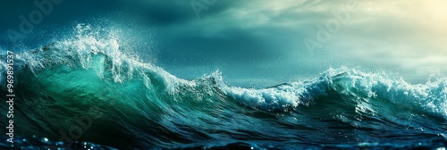 Dramatic ocean scene with large, surging waves crashing against the shore, creating a breathtaking display of power and beauty. The image captures the raw energy of the sea and evokes feelings of wond